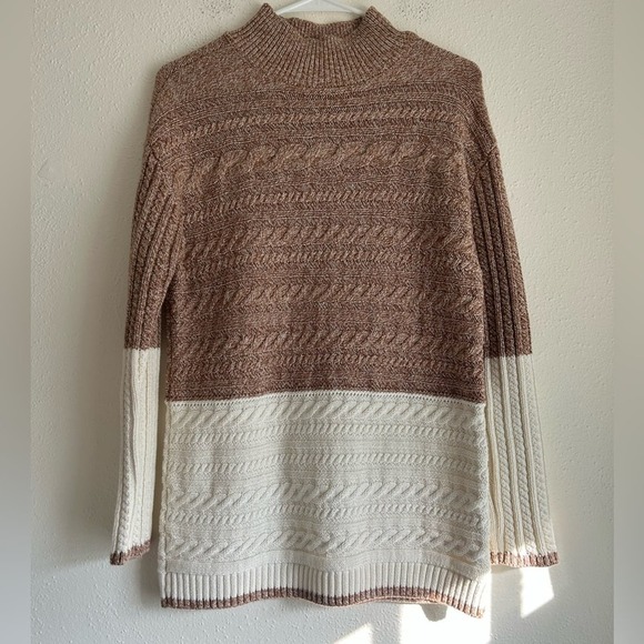 NWT Talbots Brown Cream Cable Knit Mock Neck Cotton Sweater XS Colorblock - Picture 1 of 5